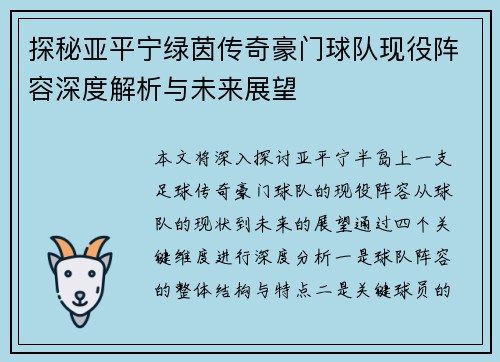探秘亚平宁绿茵传奇豪门球队现役阵容深度解析与未来展望