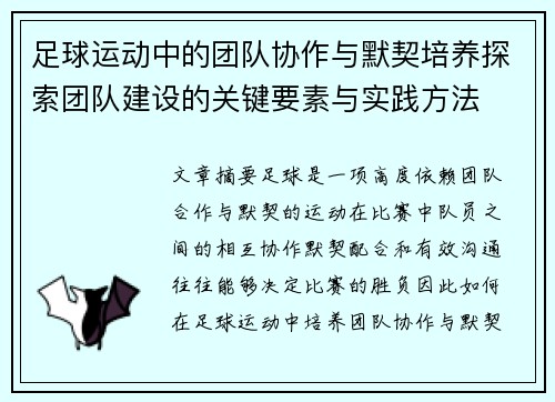 足球运动中的团队协作与默契培养探索团队建设的关键要素与实践方法