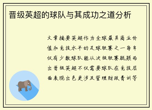 晋级英超的球队与其成功之道分析