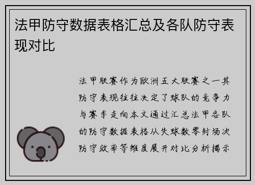 法甲防守数据表格汇总及各队防守表现对比